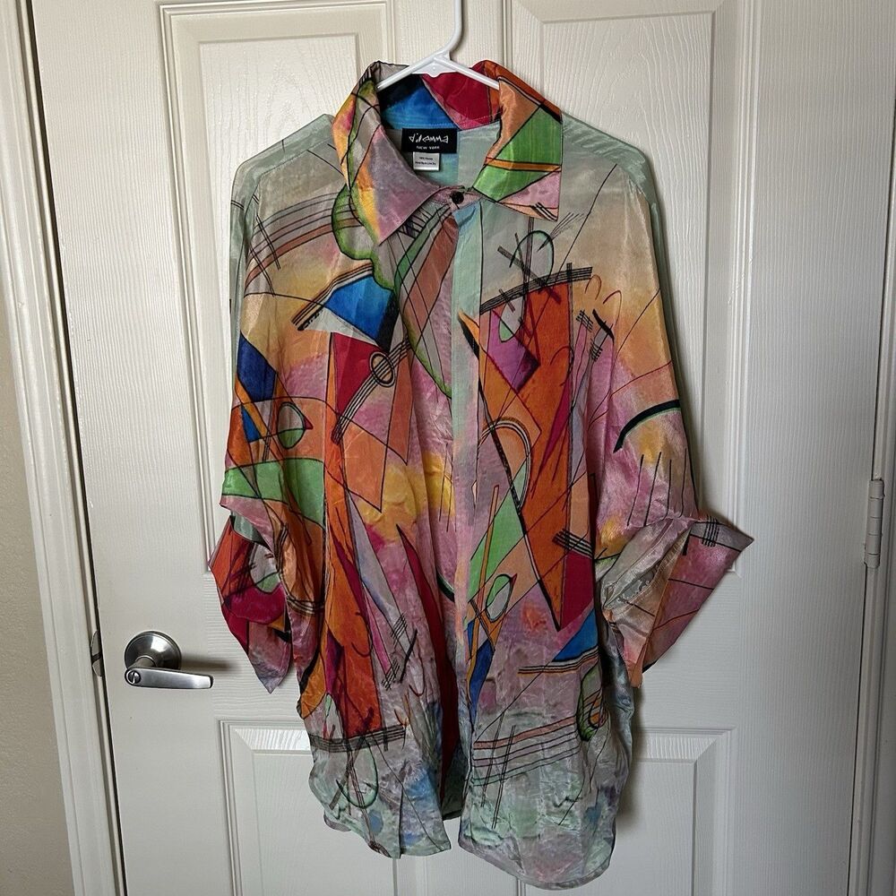 Dilemma New York Abstract Geometric Viscose Button Front Blouse Womens XL Artsy